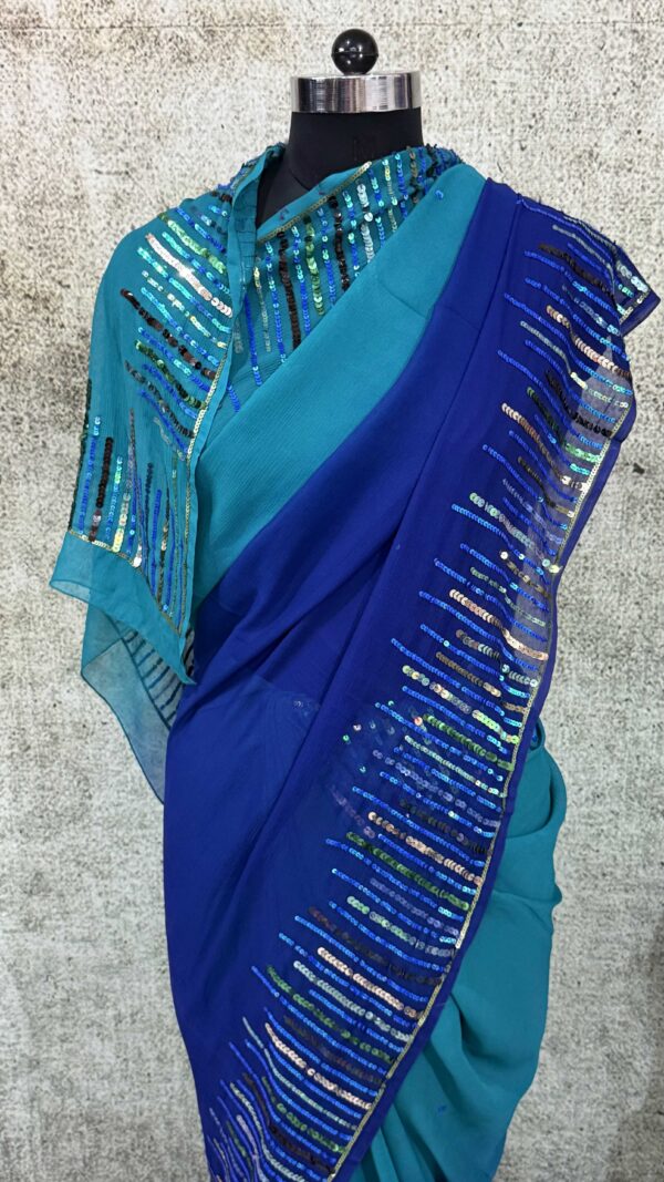 Peacock blue sequin saree - Image 2
