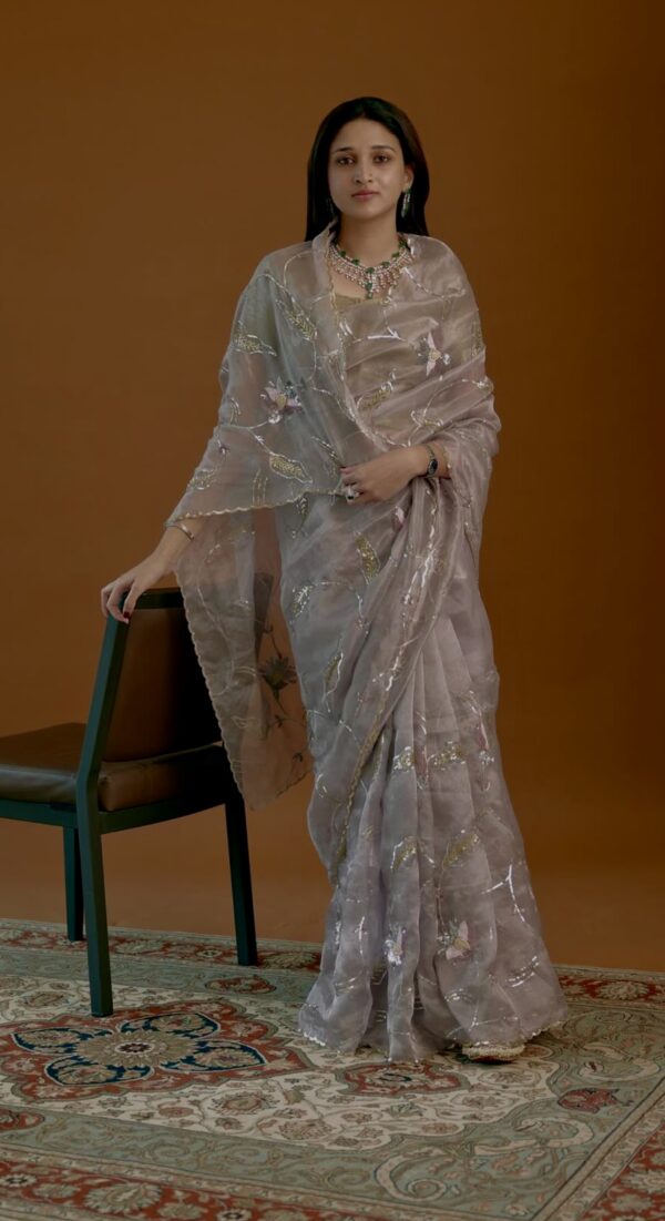 Metallic Grey Tissue saree - Image 4