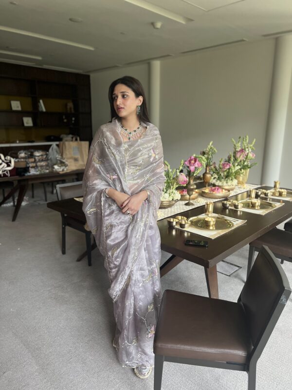 Metallic Grey Tissue saree - Image 5
