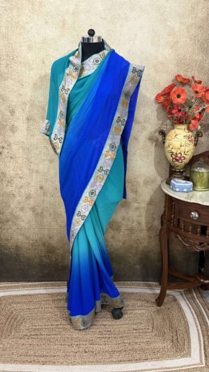 Peacock blue Ombré Antique border Saree