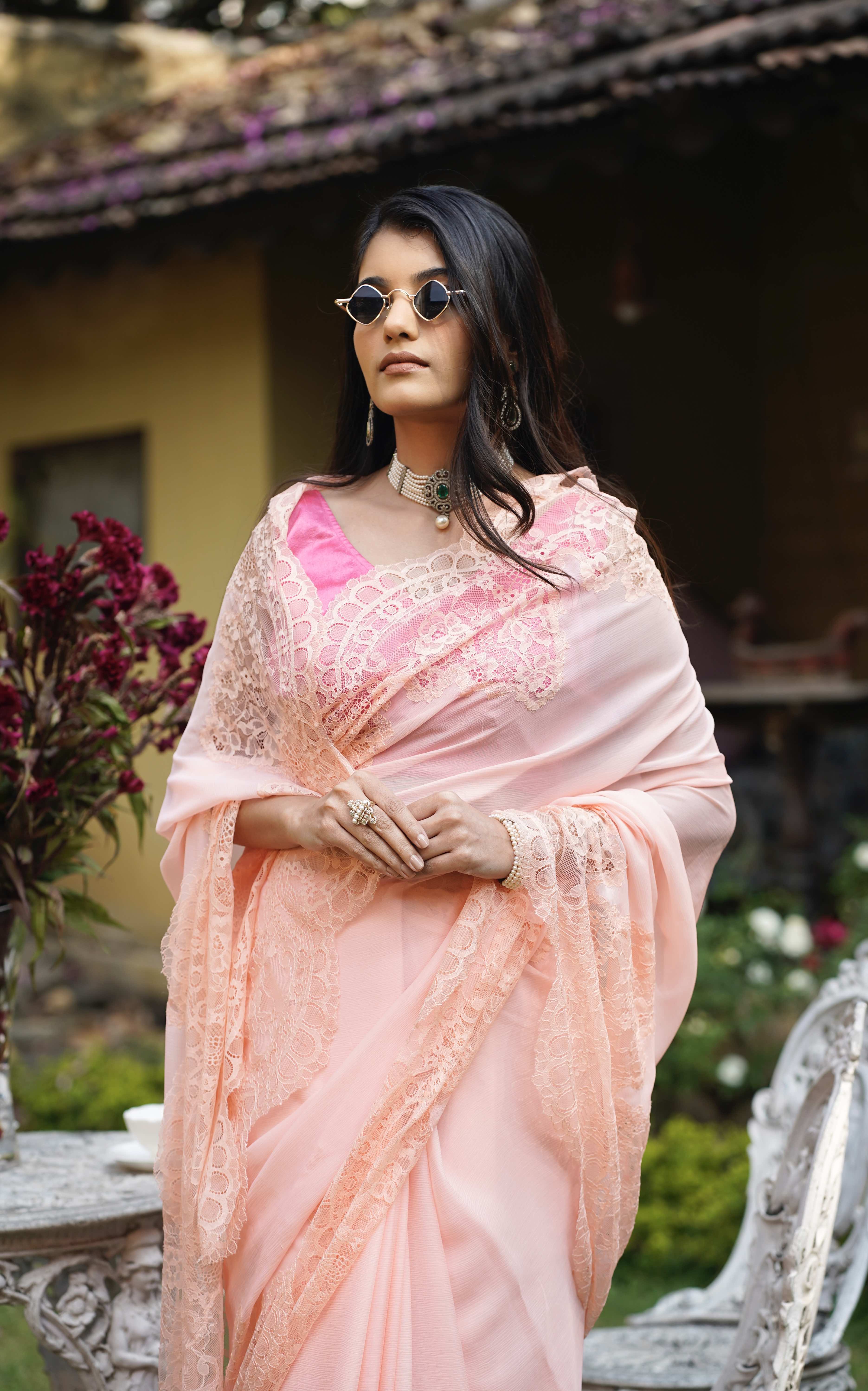 Peach Lace Saree - Image 3