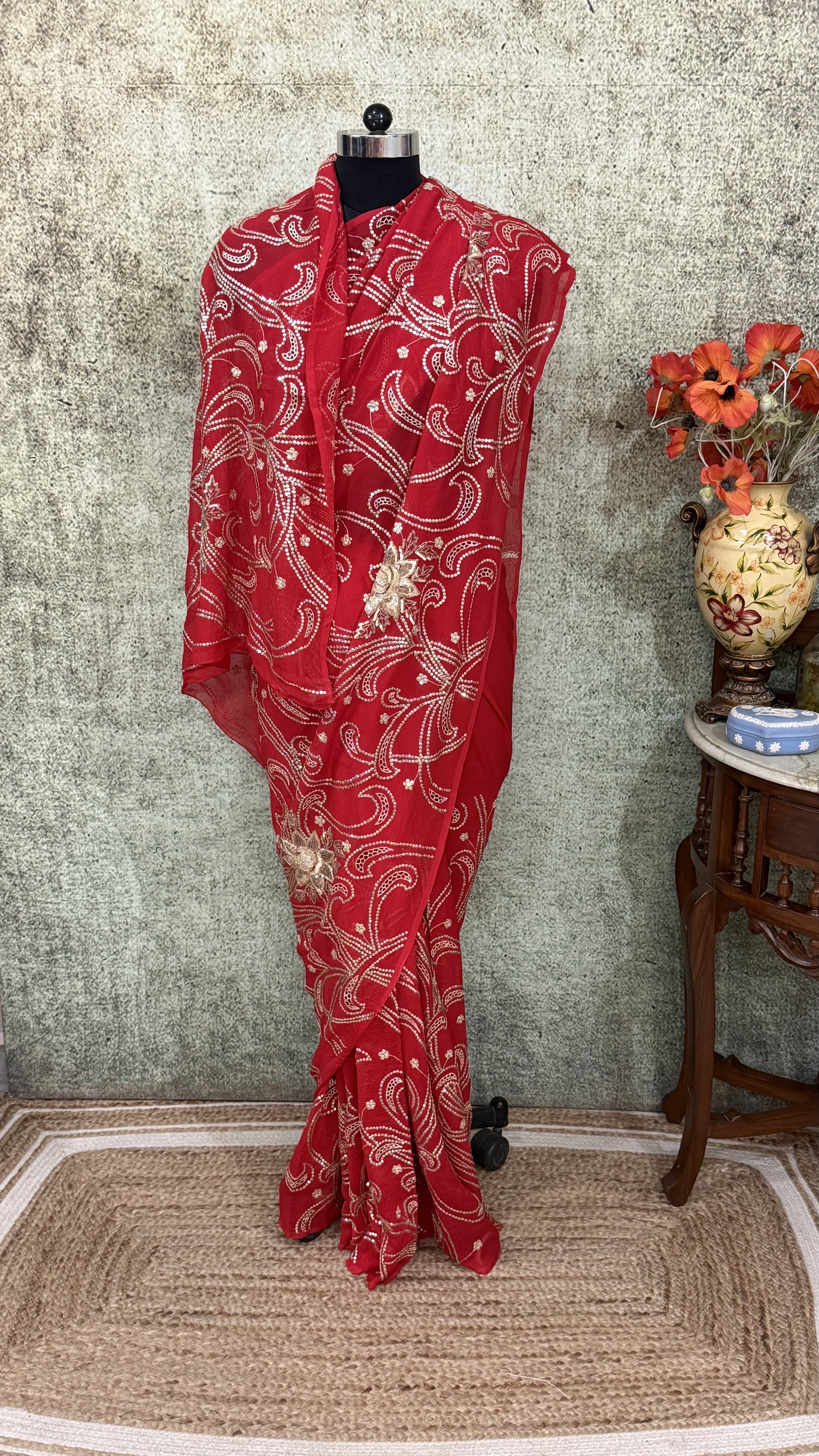 Red Cutwork Sequin Jaal