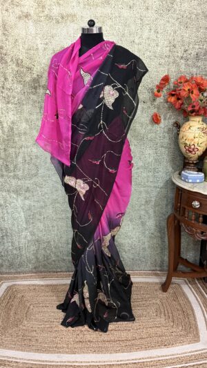 Black & Hot Pink Cutwork Chiffon