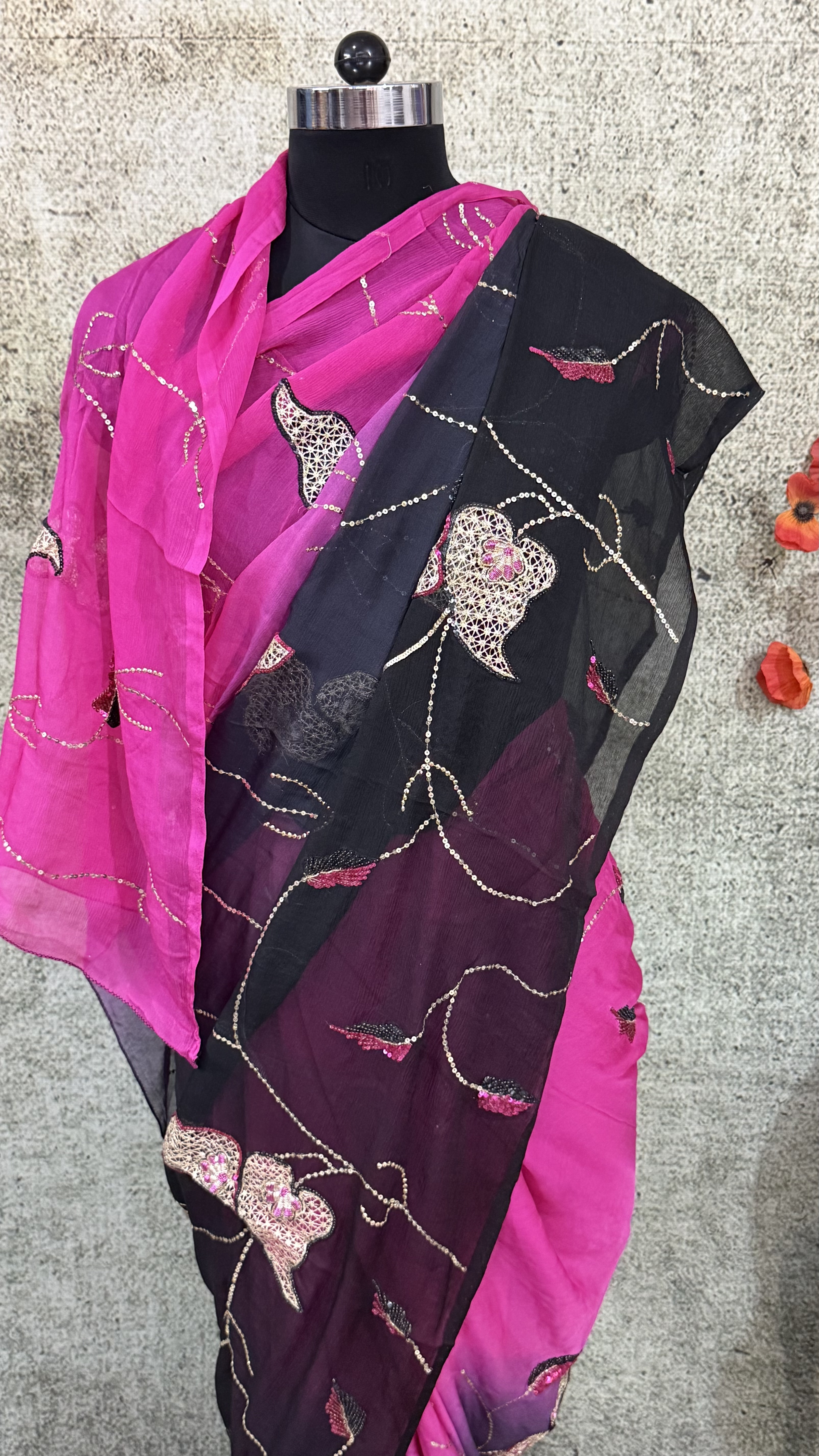 Black & Hot Pink Cutwork Chiffon - Image 2