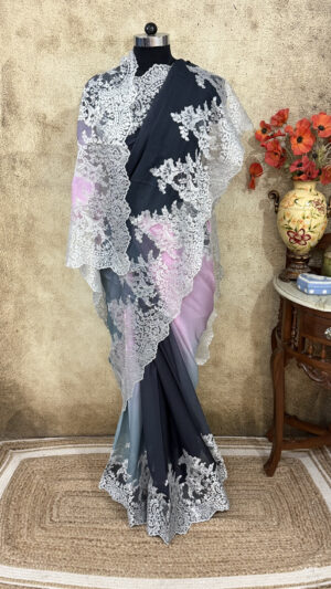 Ombre Pink Black Lace Saree