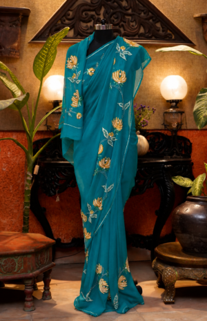 Turquoise Lotus Saree