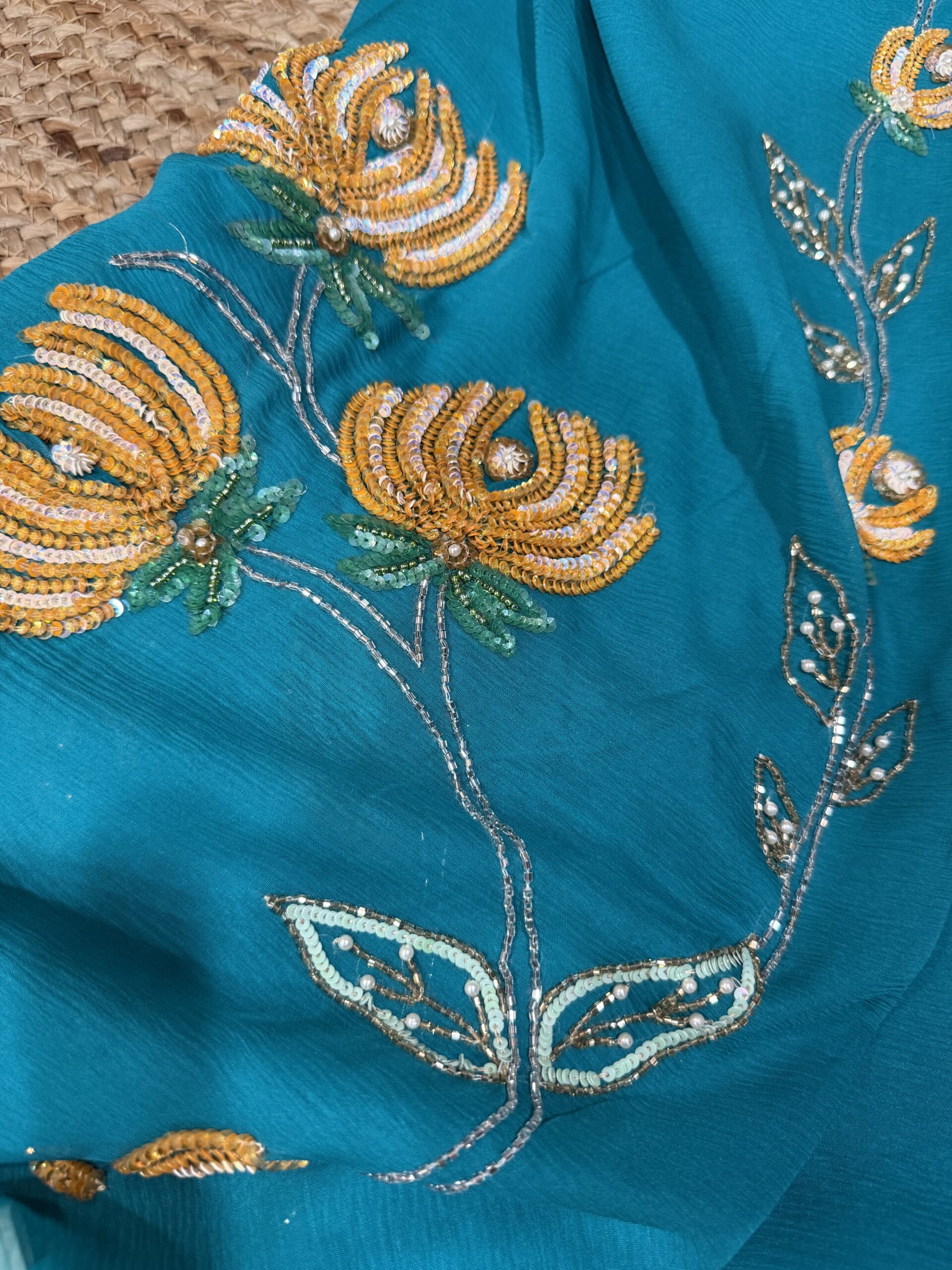 Turquoise Lotus Saree - Image 4